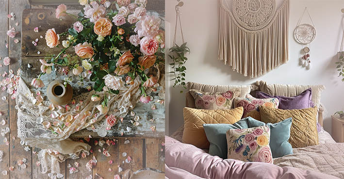 Boho Decor Charm, a  Pink Paradise with Bohermian Textiles, Cozy Cushions and Woven baskets