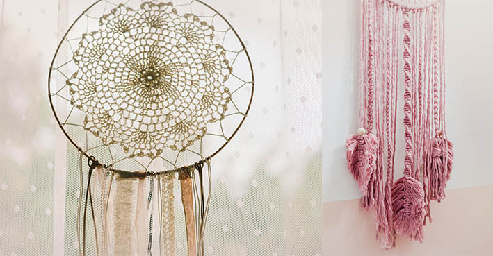 pink macramé wall hanging as statement hippie wallart