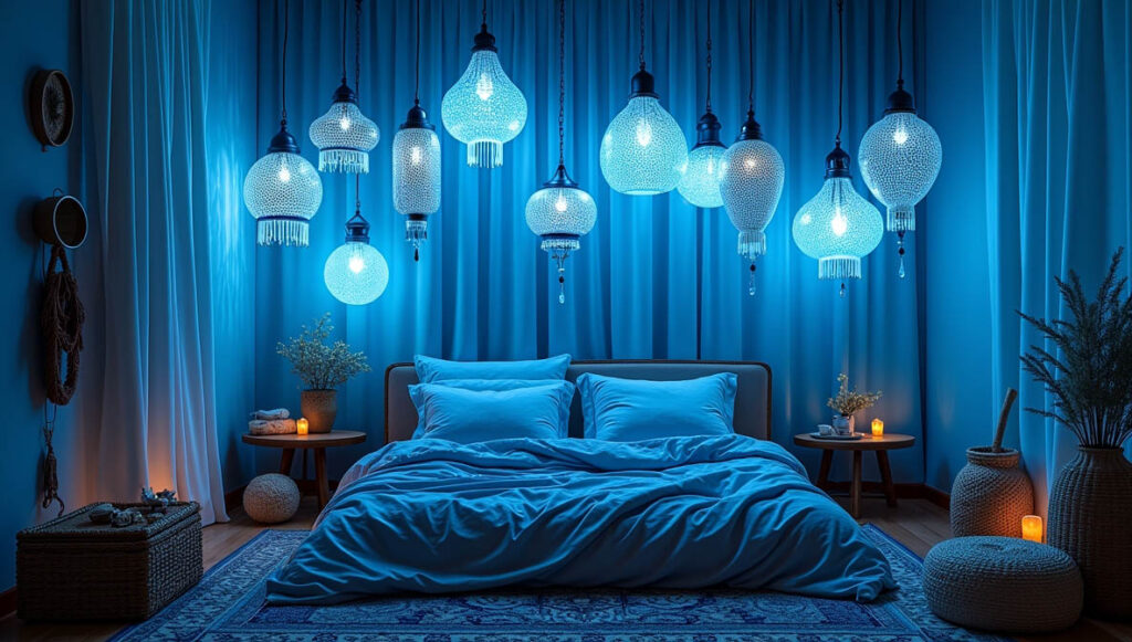 Blue color palette boho bedroom  with unique pendant lamps creating and etheral glow