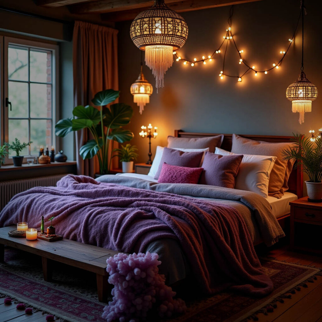 Boho bedroom decor for magic nights. A Witchy Boho bedroom with chrystals, burning candles and plants. Many Oriental Indian Hanging Ceiling Lamps, fairy lights, smoky feel, a lot of big ornated cushions and a tasseled mat. Enjoy a boho bedroom with a sensual boudoir feel.