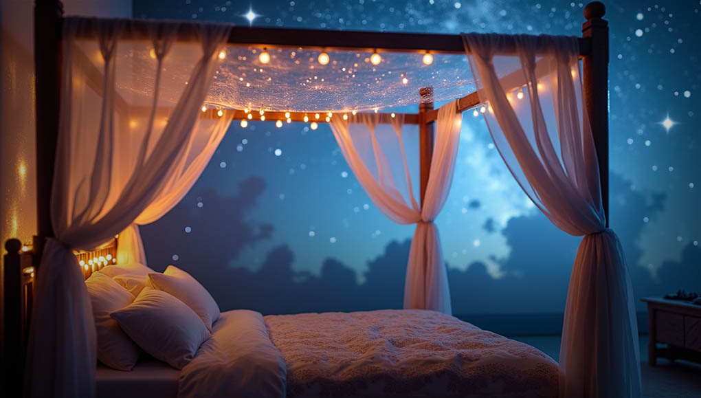 Projected starry sky on the ceiling. and fairy lights under billowing transparent fabrics in the romantic four-poster bed. 