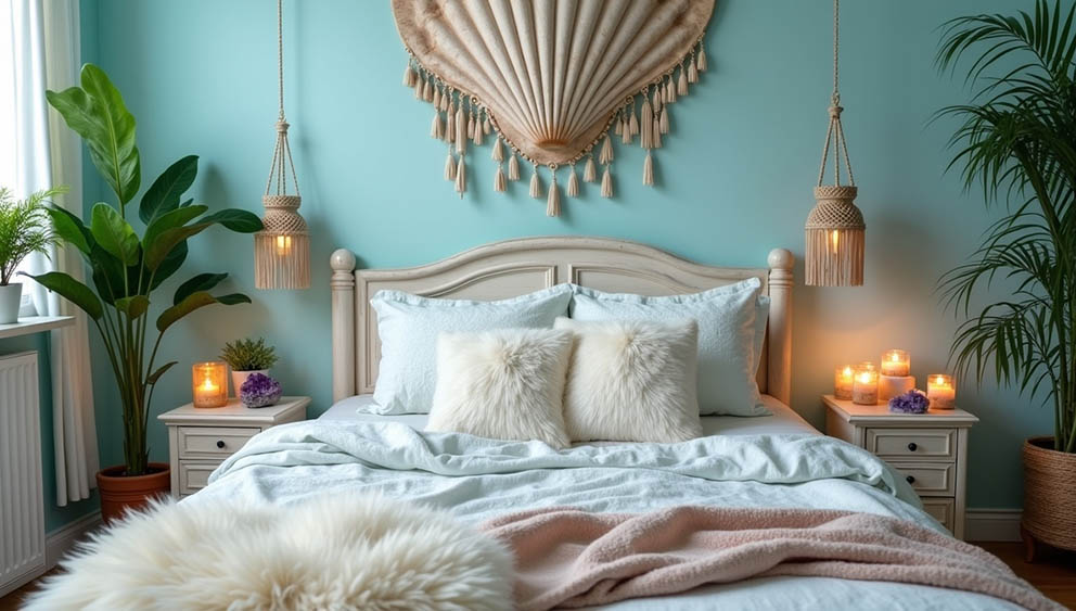 Relax and Sleep well in your  oft sky blue boho bedroom