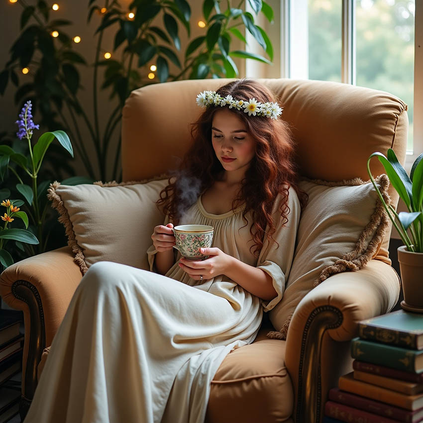 The Emotional Impact of Boho Furniture. Bohemian girl chilling in a comfortable armchair with a cup of tea