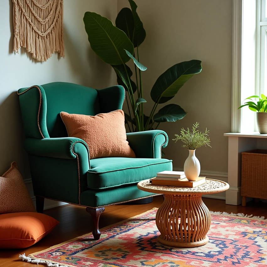 What is Boho Furniture? What Defines it? Green velvet armchair, cute coffee table,  Moroccan rug and makrame.