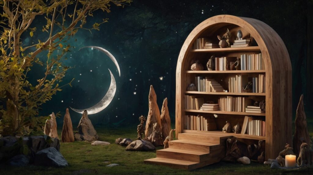 Crescent Moon Bookshelf and Forest Animal Book Nook, and mod witchy moon mural