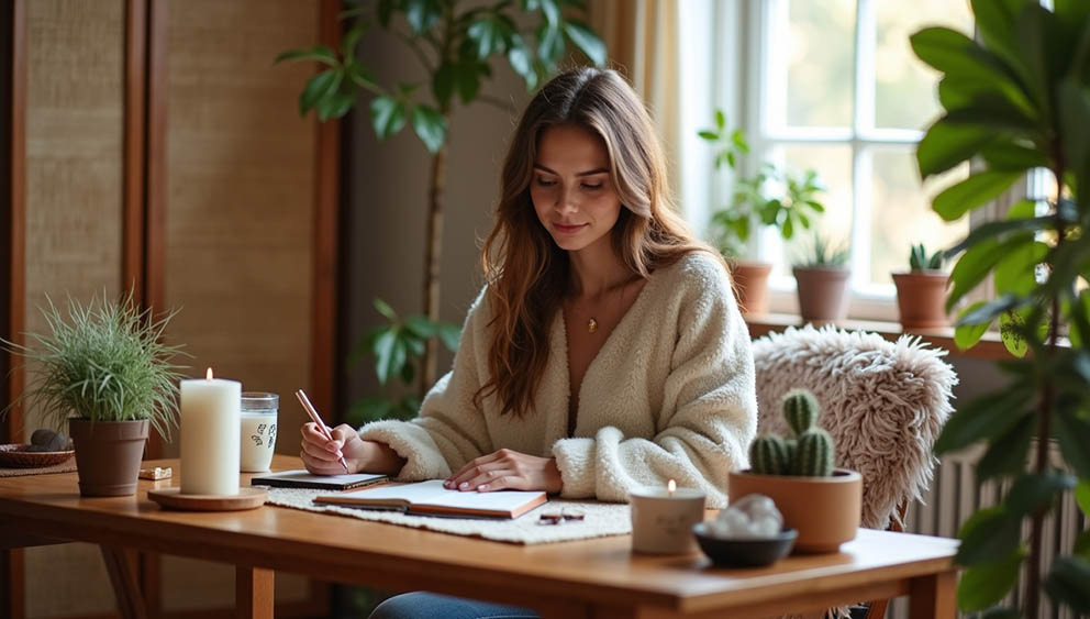 Where Home & Work Merge Cute desk with cacti, chrystals and candles