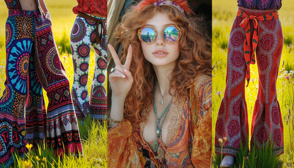 Hippie pants display in psycadelic colors