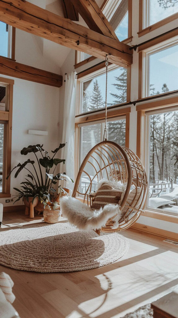 Hanging Swing Chair in boho livingroom. Eggshaped in rattan bohemian style.