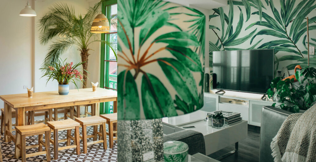 Tropical interior design combining boho and jungle style trends in kitchen and livingroom with tropical wallpaper and decor