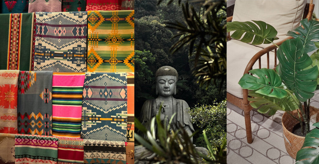 Adventurous tropical decor with tribal patterns, lush plants and global djungle vibes