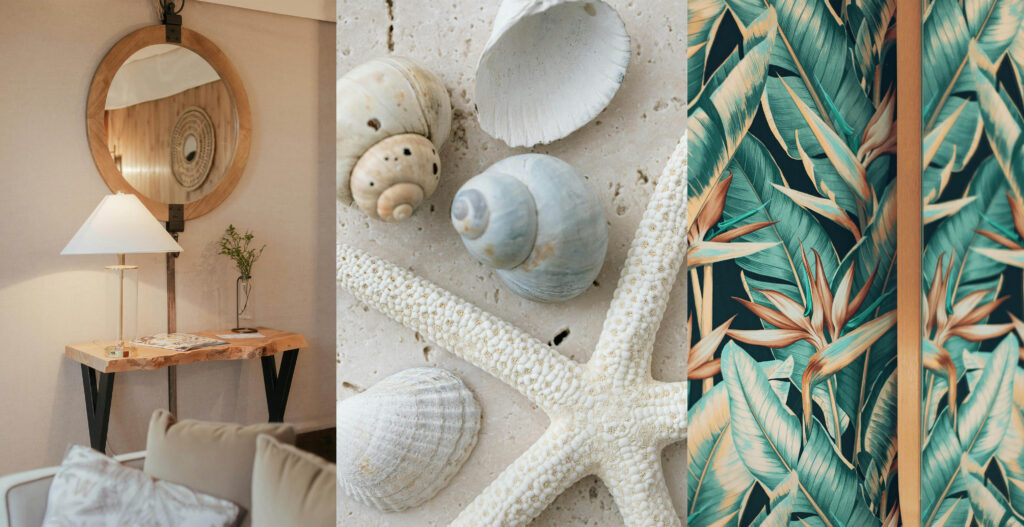 Beachy tropical decor with seashels, tropical wallpapers and driftwood furniture.