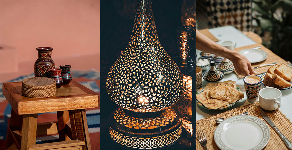 Cute Moroccan decor trends in boho decor. Cheramic, lamps and moore