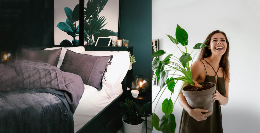 Sleek modern tropical decor for a sophisticated clutter free look with plants and clean lines in both bedroom and livingroom