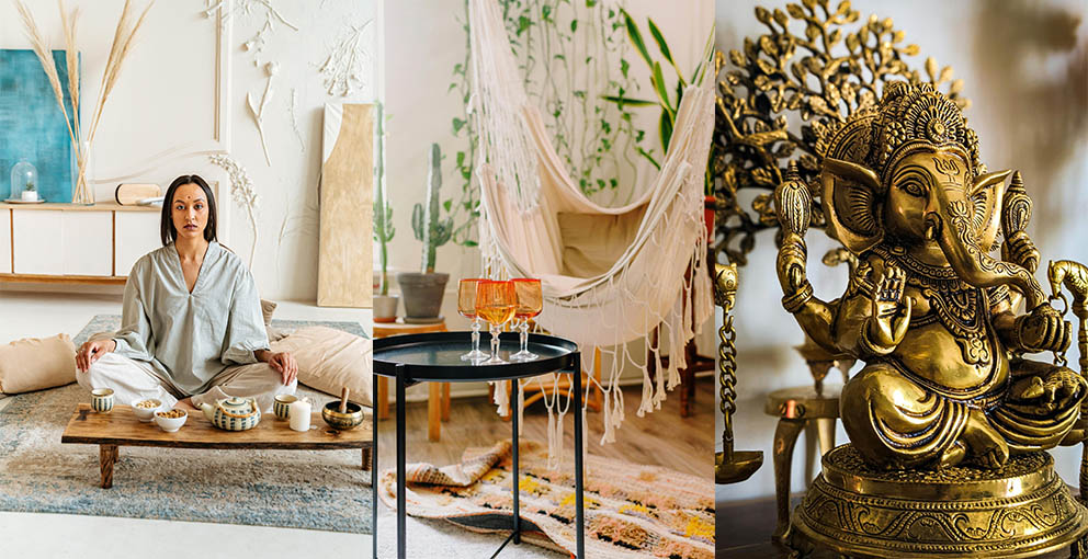 The Goa Artist's Loft is Coastal, Eclectic, Free-Spirited. A Bohemian dream with hammock swing, Ganesha brass statue, floor cushions and low table.