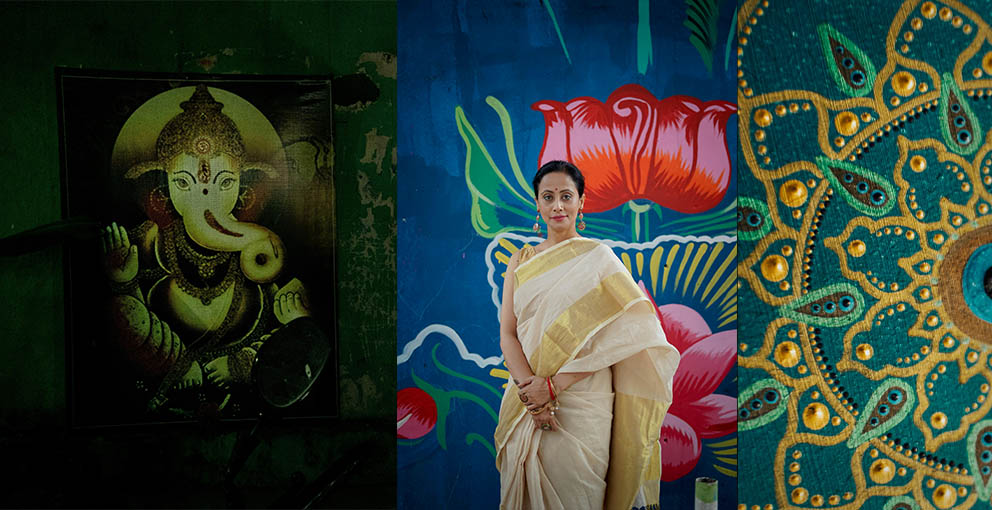 Indian wall art decor with spiritual motifs like Ganesha, Lotus flowers, and mandalas