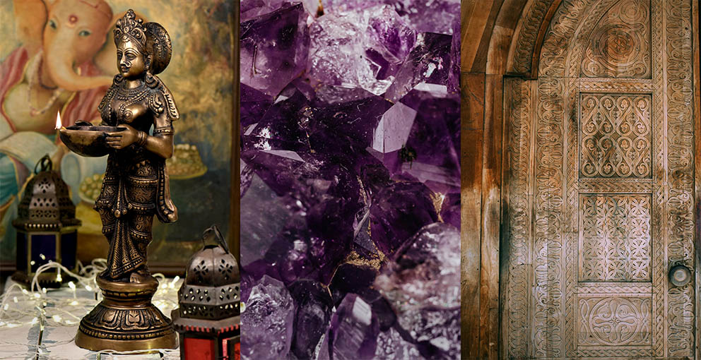 The Indian decor Himalayan retreat room is spiritual minimal and sacred. With a Shiva idol and a amethyst cluster the interior is calming