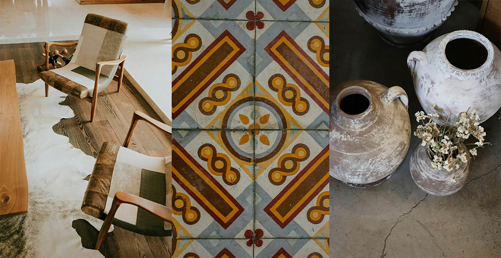 Mixing Boho Decor with Southwest Style Interiors in earthy colors and natural materials like skin, wood, bold geometric patterns and rustic handmade clay pots.