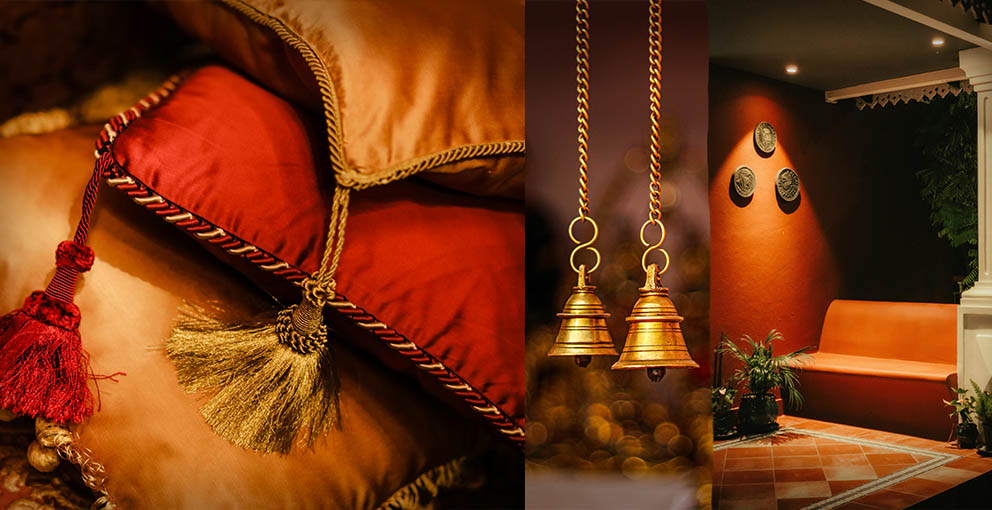 Boho dream room style. Warm, royal, earthy Indian decor with brass bells and cozy rusty colors