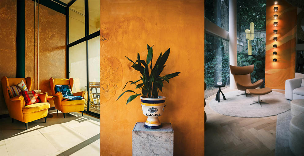 Create a Luxury boho interior with Mexican decor. Leather armchairs, rugs, plants and ceramics. Cactus statue, patterned colorful cushions, and bold lightening features.
