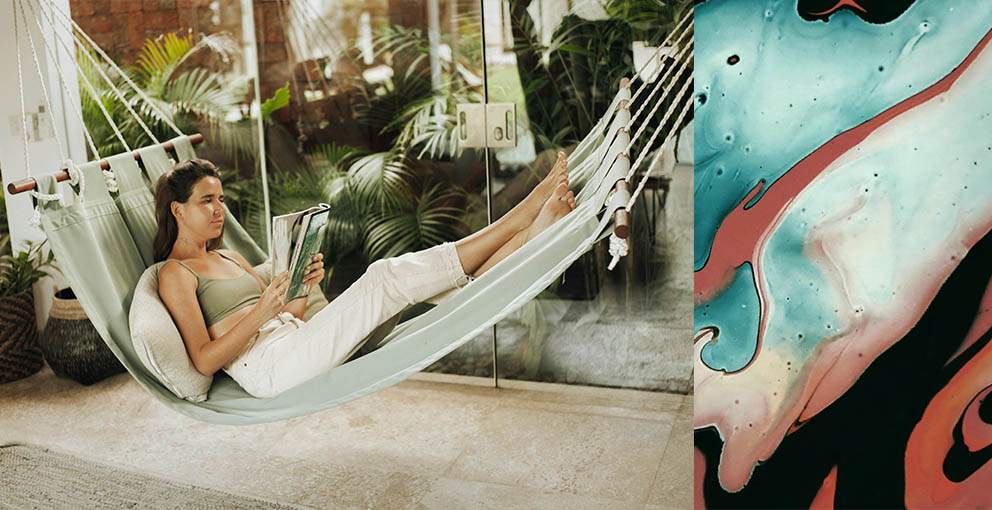 Handwoven Mexican hammock indoor design boho mexican design look with splash painted wall