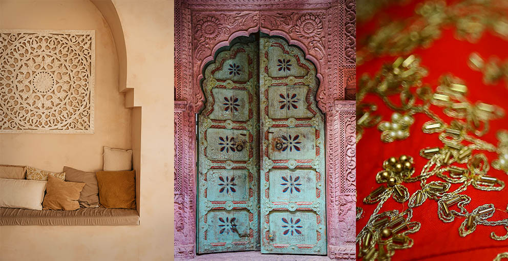 Indian wall decor for different boho styles. Like Indian textiles with embroidery, wall tapestries, or carved wood panels