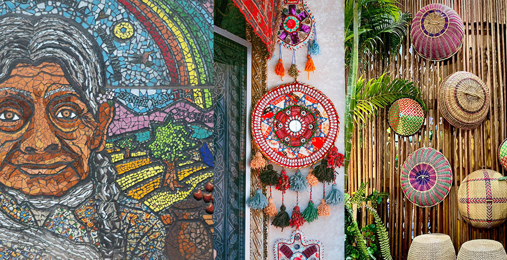 Mexican Livingroom Bohemian Styling Tips, with bold mosaic mural, colorful dream catcher and patterned floor poufs, for a creative warm social livingroom lounging.