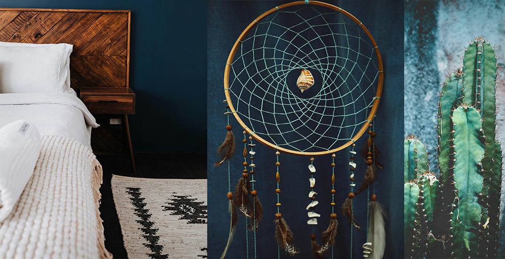 Modern Southwest decor boho bedroom, with dark wood details, bohemian dream catcher, Southwest style rug and cactus decor.