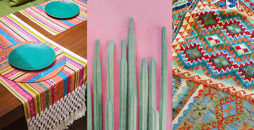 Native American decor with cacti boho colorful pastel textiles