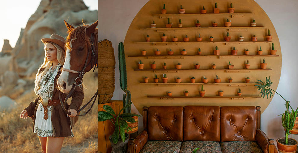 Southwest leather sofa, cactuses decor for cowgirl