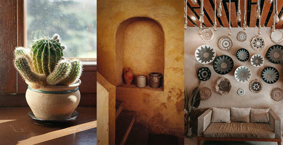 Southwest Decor Ideas in Boho Styles. Interior with desert wall decor, cactus, rugs and rustic earthy furniture and terracotta pots