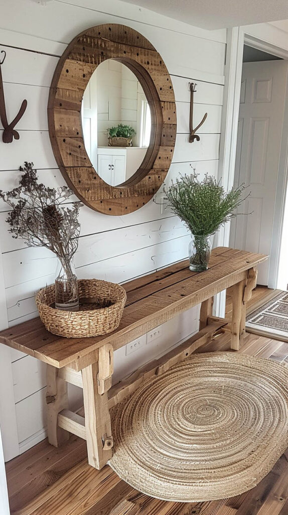 Boho mirror for hallway. Design a rustic entryway 