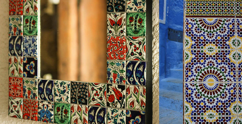 Boho mirror with global moroccan design mosaic detailing