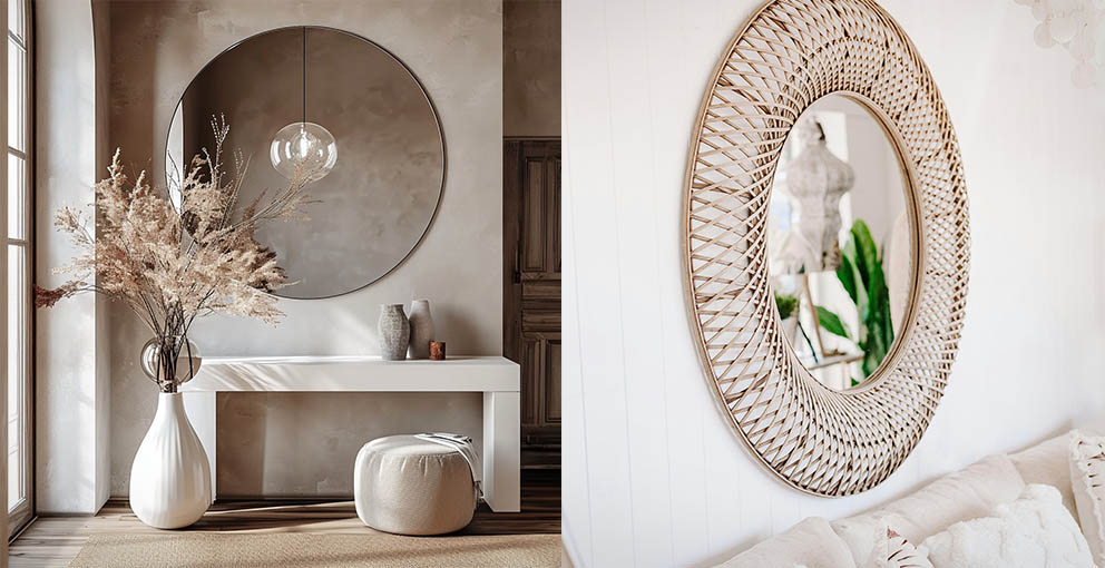 Boho round mirror in elegant metal trim or rattan