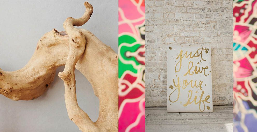 Gallery walls with mandala paintings framed sayings and driftwood decor