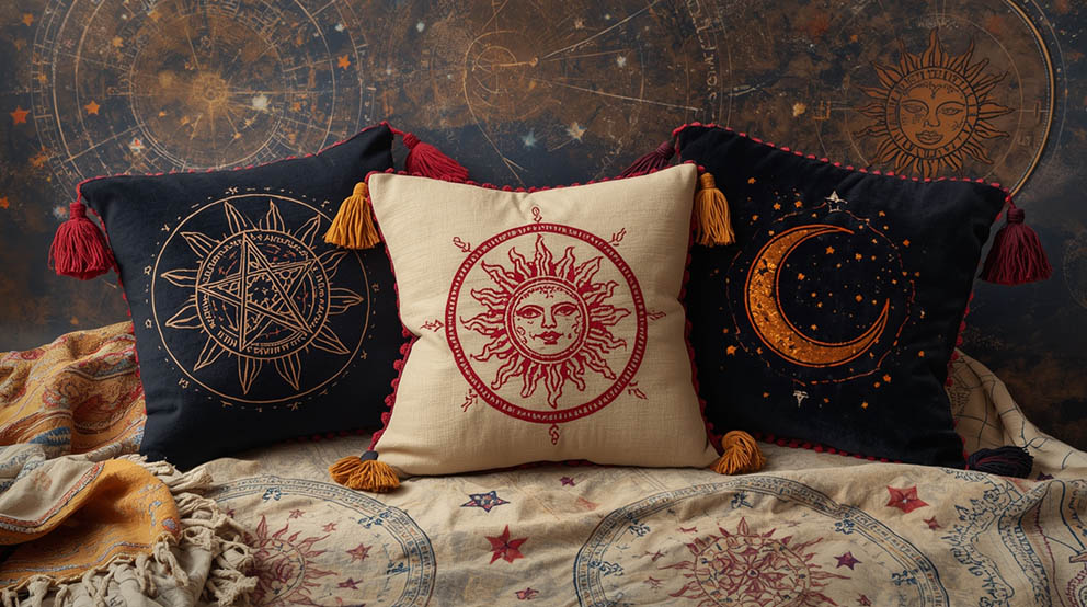 Witchy boho bedding, pillows and rugs with sun, moon, star and boho tassles