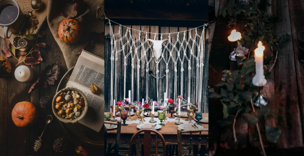 Halloween party table setting in boho decor style