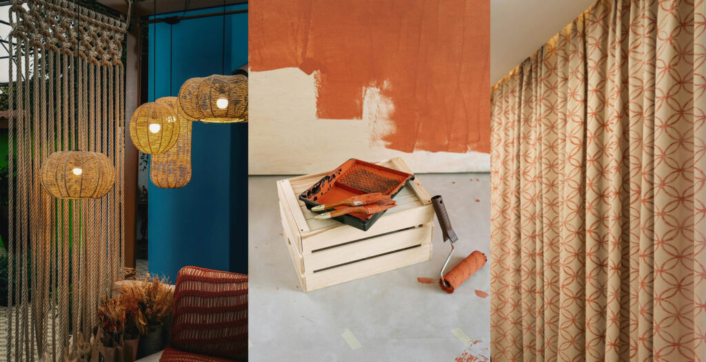 Bohemian decorating ideas for living room walls. Wall paint colors, draped textured surfaces, and cozy lighting