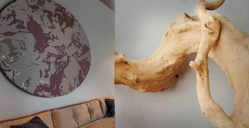 Boho ideas for wall decor in living room, like driftwood and organic shapes