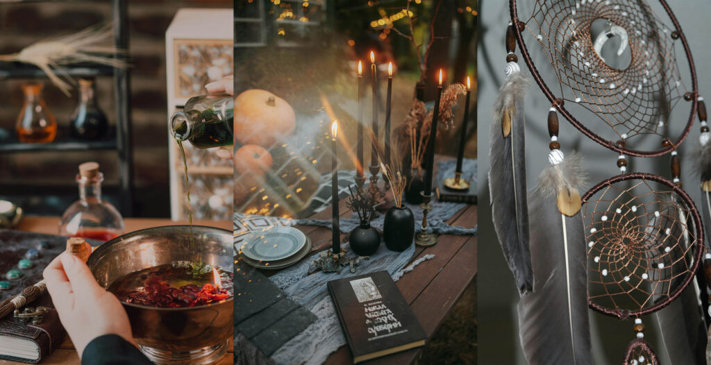 Halloween witchy decor in unique boho styles