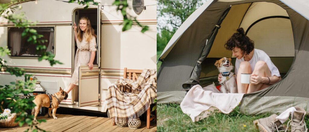 Dog friendly vacations packing list. Dog travel tips for both hippie camper dog road trip tips in tent, or caravan. 